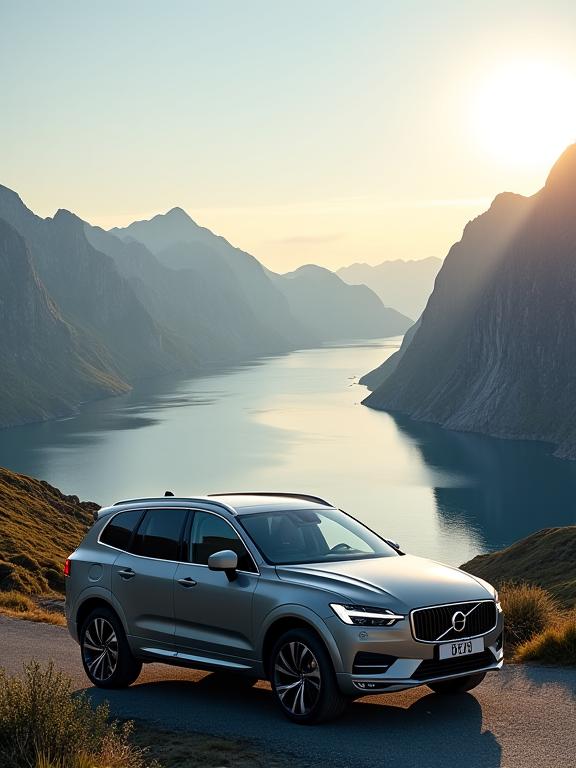 En leiebil parkert med utsikt over fjellene i Lofoten.